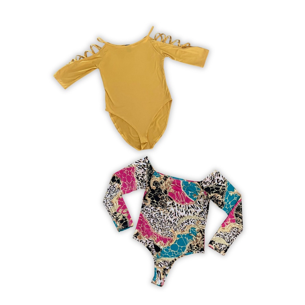 Bodysuit Bundle Mustard Yellow 3/4 Sleeve & Gold Leopard Print Long Sleeve (S)